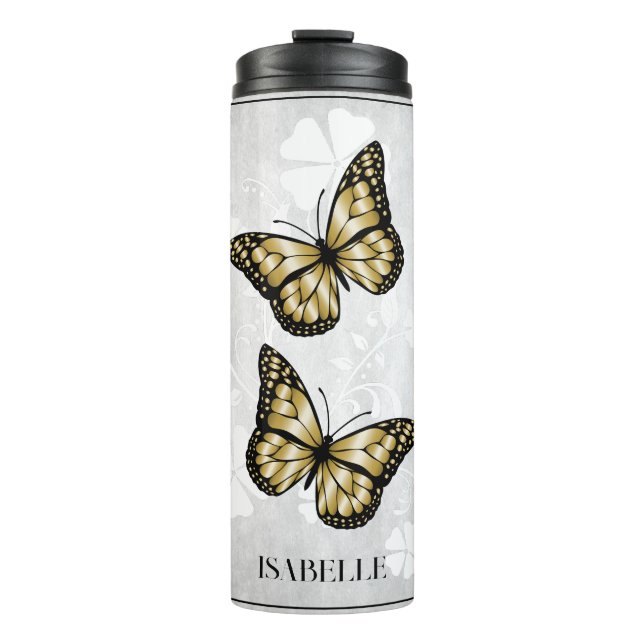 Garrafa Térmica Dourada borboleta Floral Personalizada Tumbler Tér (Frente)