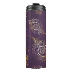 Garrafa Térmica Dourada pena de pavão, fundo violeta.