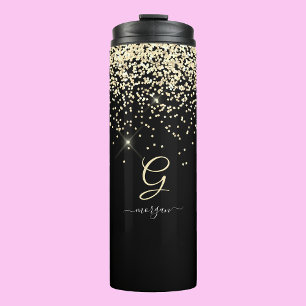 Garrafa Térmica Dourado Glitter & Monograma Nome em Letra de Forma