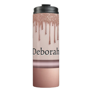 Garrafa Térmica Dourado Rosa Brilho Gotejamento Nome Personalizado
