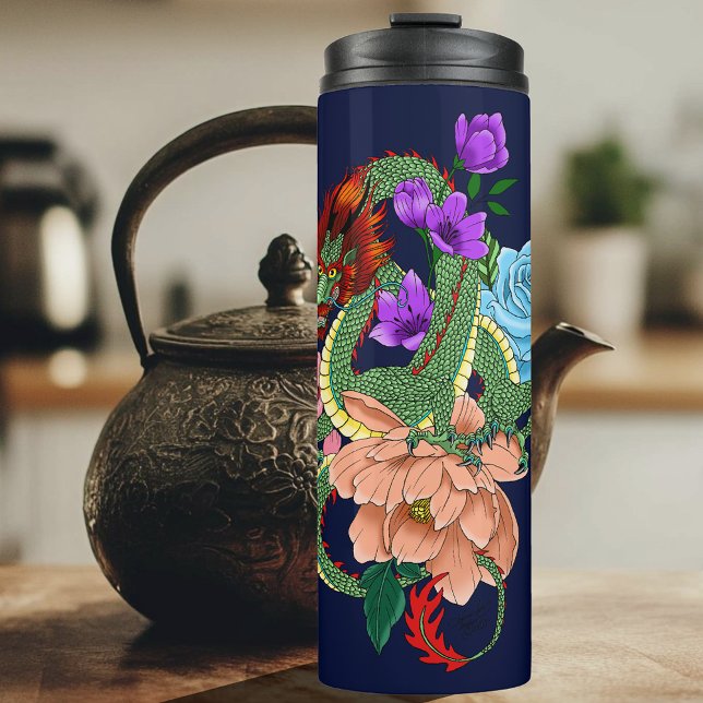 Garrafa Térmica Dragão Chinês Verde Místico Floral Azul Marinho (Criador carregado)