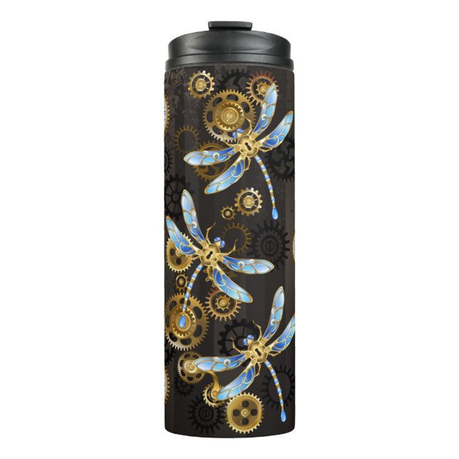 Garrafa Térmica Dragões-do-galho-do-mar em fundo listrado castanho (Frente)