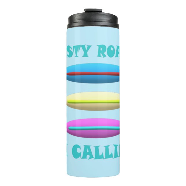 Garrafa Térmica Dusty Road design pálido azul com palavras (Frente)