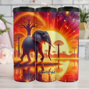 Garrafa Térmica Elefante Silhuetado Contra Fiery Sunset