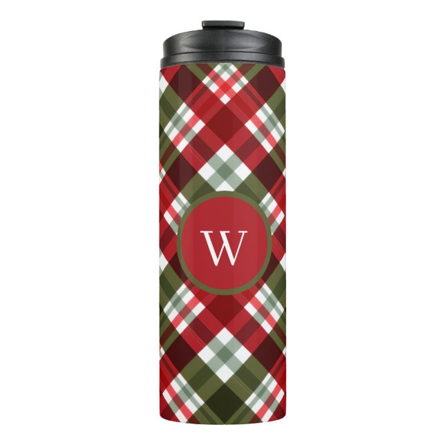 Garrafa Térmica Elegant green Red Plaid Rustic Christmas monogram (Frente)