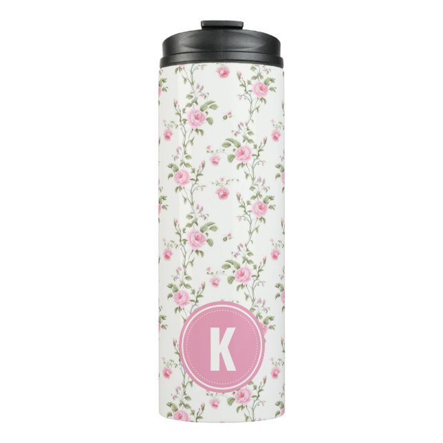 Garrafa Térmica Elegant Pink Roses Flowers Pattern Monogram (Frente)