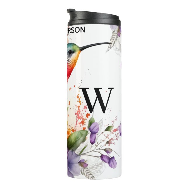 Garrafa Térmica Elegante Aquarela Hummingbird Monograma Com Nome (Rotação à direita)