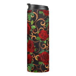 Garrafa Térmica Elegante Classy Damask Vintage Chic Rosas vermelha