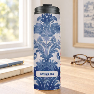 Garrafa Térmica Elegante damasco Azul toile de jouy monograma