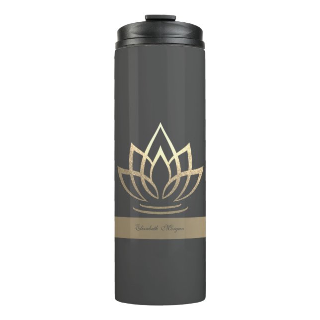Garrafa Térmica Elegante Dourado Lotus, Yoga (Frente)