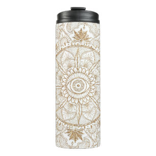 Garrafa Térmica Elegante Dourado Olho Sol Lua Mandala Branco