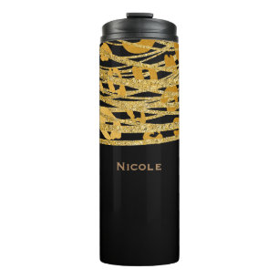 Garrafa Térmica Elegante Estampa de Leopardo Glitter Preto e Doura