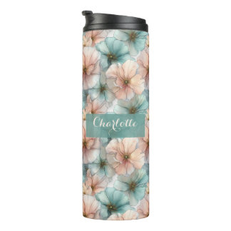Garrafa Térmica Elegante Floral Personalizado Rosa e Verde Vintage