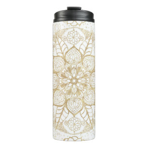 Garrafa Térmica Elegante Mandala Floral Boho Branco Dourado