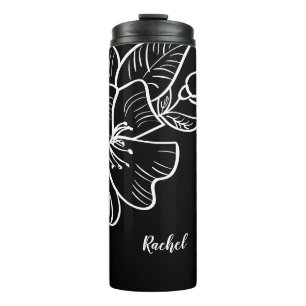 Garrafa Térmica Elegante Nome Personalizado Preto e Branco Floral 