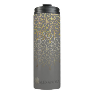 Garrafa Térmica Elegante personalizado da mandala cinza Dourado