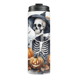 Garrafa Térmica Elegante Skeleton Halloween Watercolor