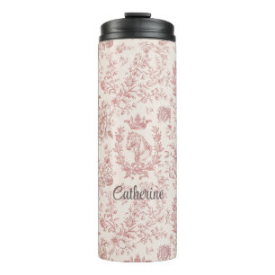 Garrafa Térmica Elegante Toile Floral Equestre Rosa Bege Nome
