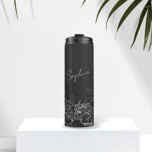Garrafa Térmica Elegante Tumbler Floral Preto Moderno