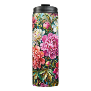 Garrafa Térmica Elegantes Flores de Peônia Pintadas Coloridas