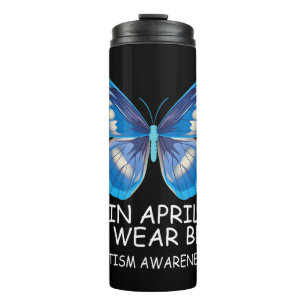 Garrafa Térmica Em abril Vestimos Camisa Azul Fita-borboleta Autis