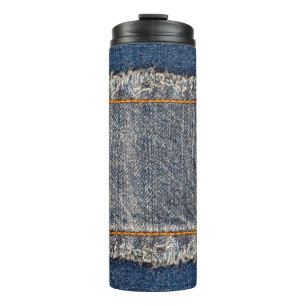 Garrafa Térmica Encaixe o quadro do tecido de jeans azuis. Fabr de