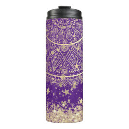 Garrafa Térmica Encantando Mandala com Douradas Estrelas em Roxo