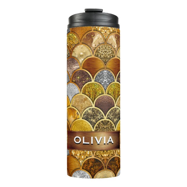 Garrafa Térmica Escalas de sereia de ouro elegante (Frente)