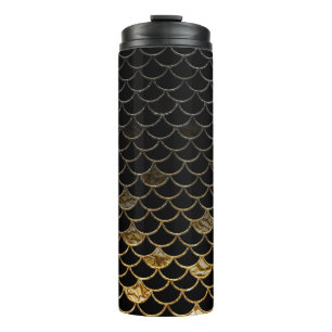 Garrafa Térmica Escamas de sereia brilhantes em preto e dourado
