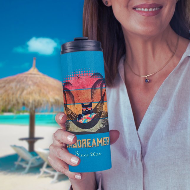 Garrafa Térmica Escape tropical de Gato Legal e Sonhador (Daydreaming Cool Cat's Tropical Escape Thermal Tumbler)