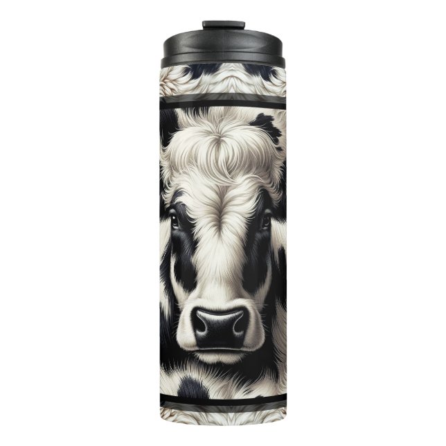 Garrafa Térmica Esmalte de Vaca Preto e Branco em Couro (Frente)