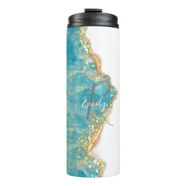 Garrafa Térmica Espuma do mar Agate Marble Abstrato Name Monograma (Frente)