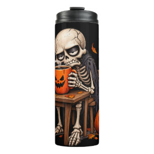 Garrafa Térmica Esqueleto Bebendo em Caneca de Abóbora de Hallowee
