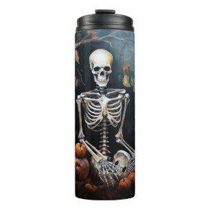 Garrafa Térmica Esqueleto com abóboras no Halloween