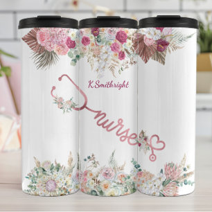 Garrafa Térmica Estetoscópio Rosa Floral Homenagem à Enfermeira