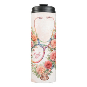 Garrafa Térmica Estetoscópio Rosa Floral Personalizado