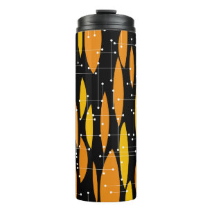 Garrafa Térmica Estilo atômico, padrão geométrico laranja preto.
