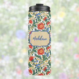 Garrafa Térmica Estilo Floral Willam Morris Azul Vermelho Dourado 