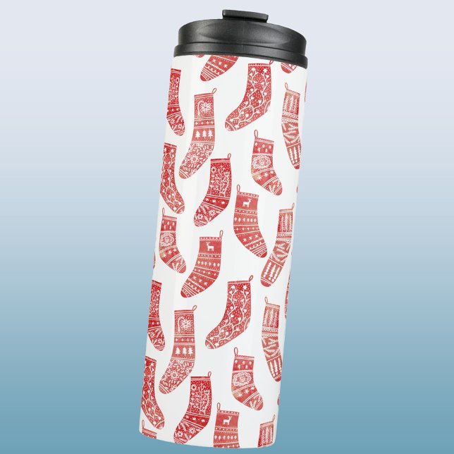 Garrafa Térmica Estoque de Natal Nórdico (Nordic Stockings red and white Scandinavian festive Christmas pattern water bottle)