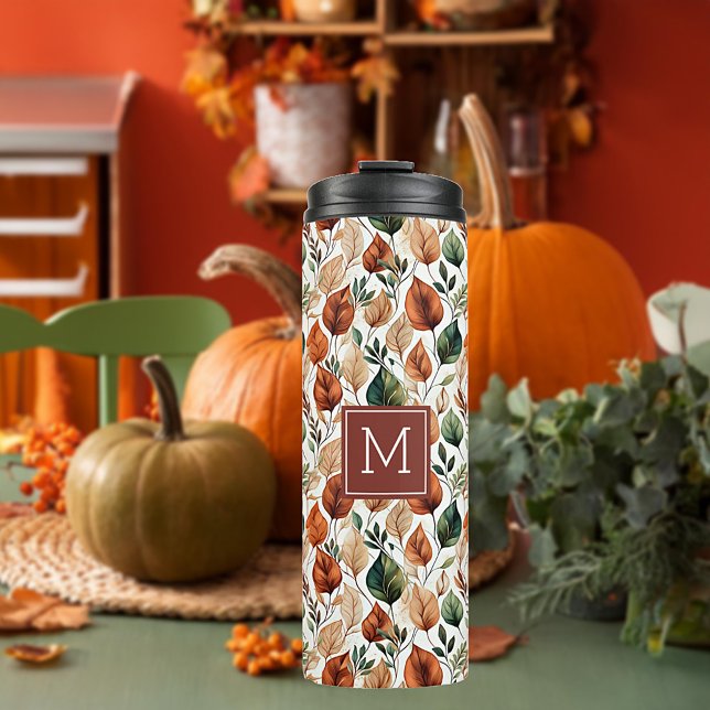 Garrafa Térmica Fall terra cotta e sage folhas padrão monograma (Criador carregado)