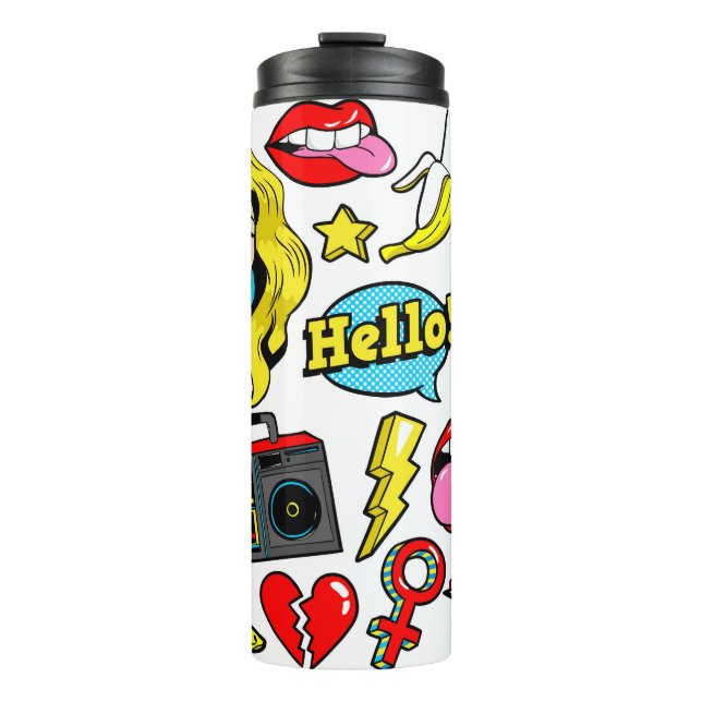 Garrafa Térmica Fashion patch badges with woman, lips, tape record (Frente)