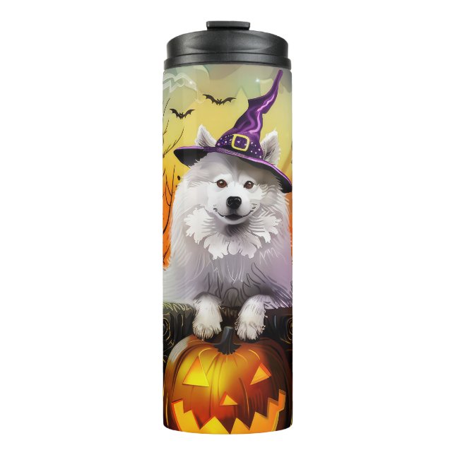 Garrafa Térmica Feiticeira de Halloween e Abóbora Samoyed Samoyed (Frente)