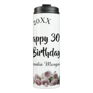 Garrafa Térmica Feliz aniversário de 30 anos rosa branco floral no