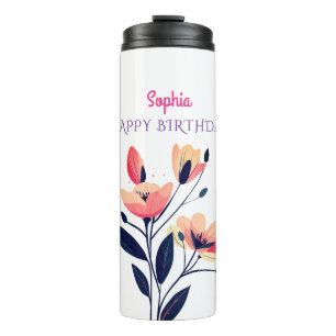 Garrafa Térmica Feliz Aniversário, Nome, Flores em Branco