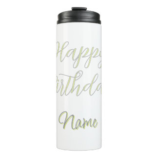 Garrafa Térmica Feliz aniversário verde cinza pastel nome data mod