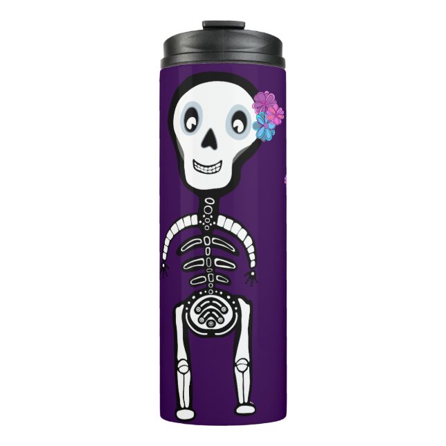 Garrafa Térmica Feliz esqueleto com flores (Frente)
