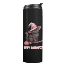 Garrafa Térmica Feliz Halloween Pinkoween Gato Bruxa Preto Vintage