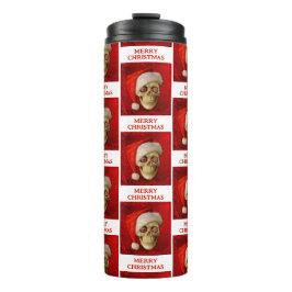 Garrafa Térmica Feliz Natal. Caveira usando chapéu de Papai Noel