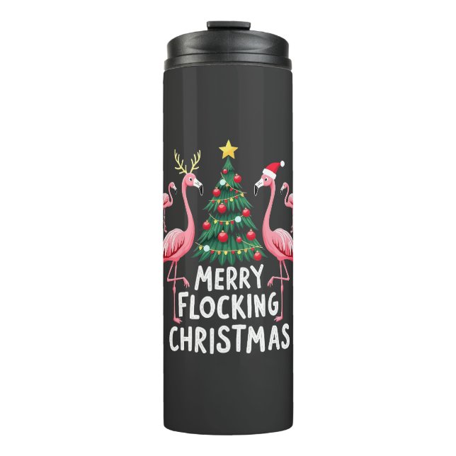 Garrafa Térmica Feliz Natal com Flamingos Árvore de Natal (Frente)