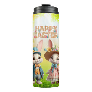 Garrafa Térmica Felz pascoa branco, com 2 coelhos